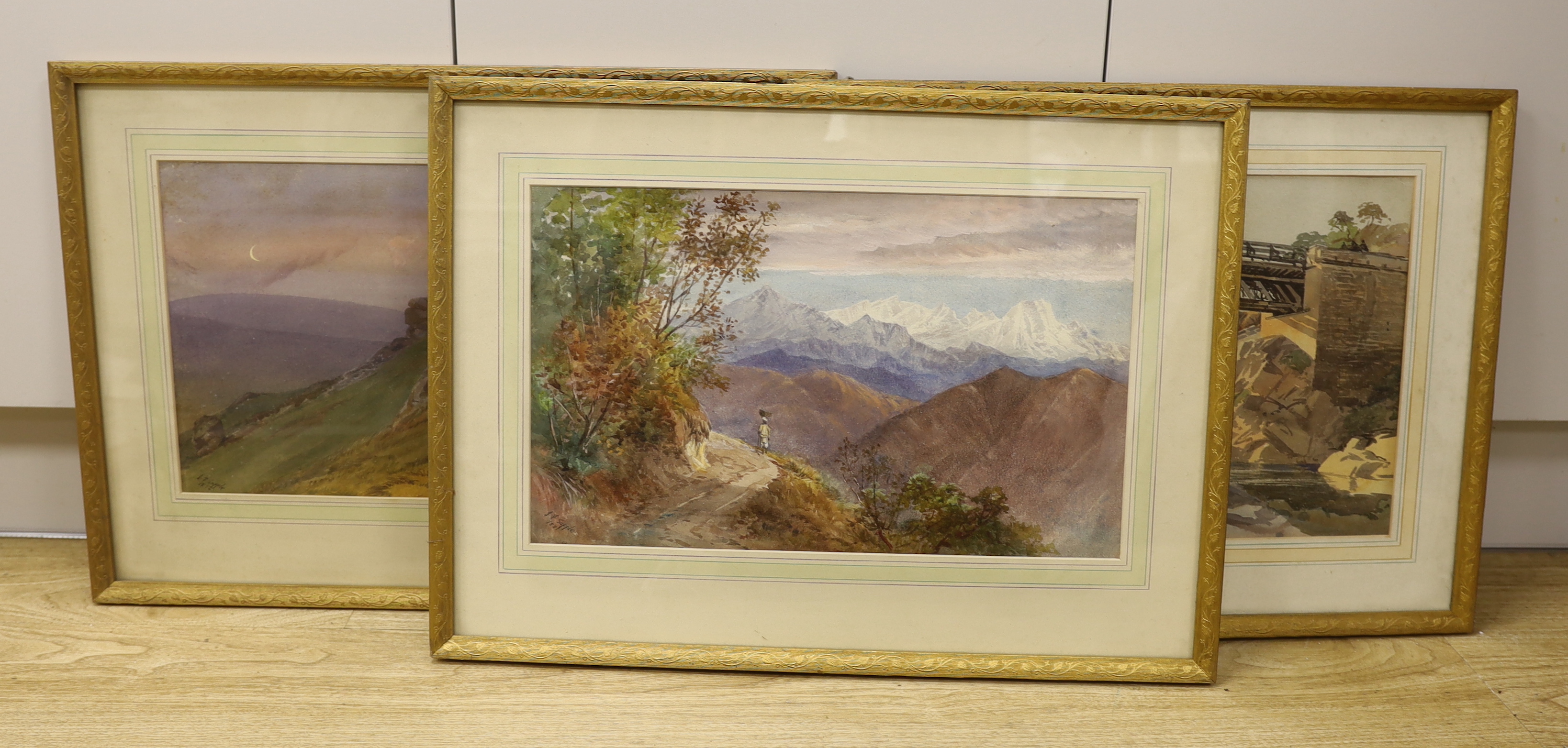 I. J. Sapple, three watercolours, Mountainous landscapes and bridge over water, each signed and dated 1872 and 1881, 27 x 44cm